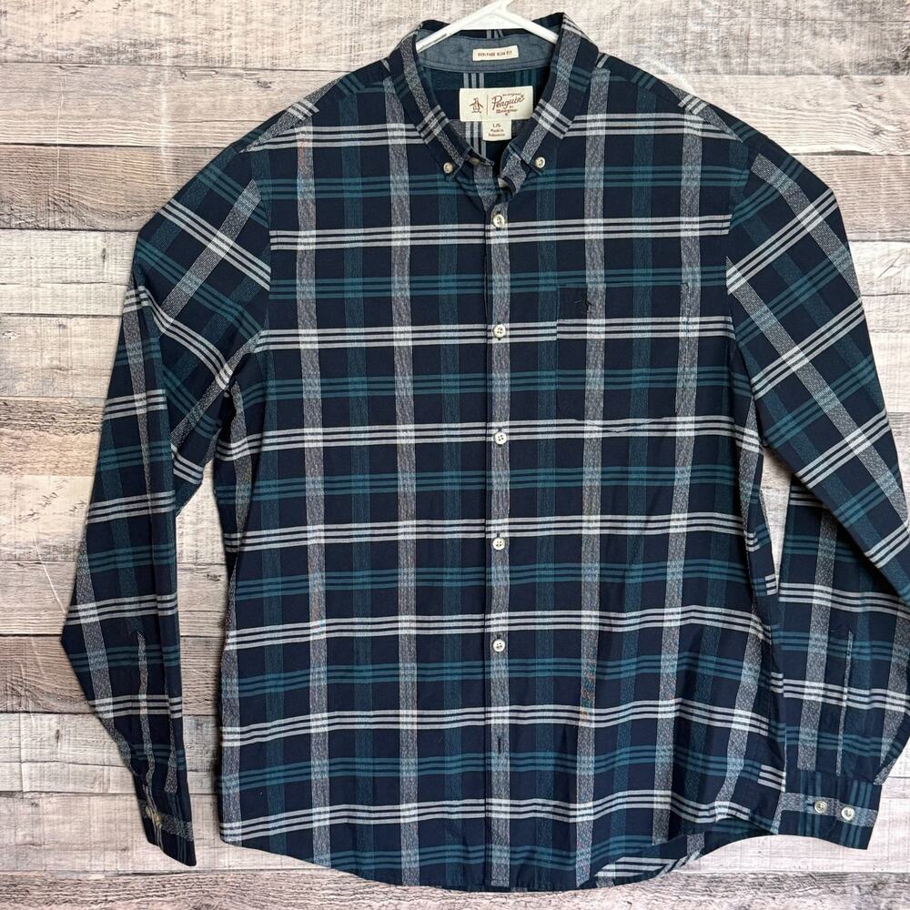 Original Penguin Heritage Slim Fit Shirt Mens Large Blue Plaid Button Up